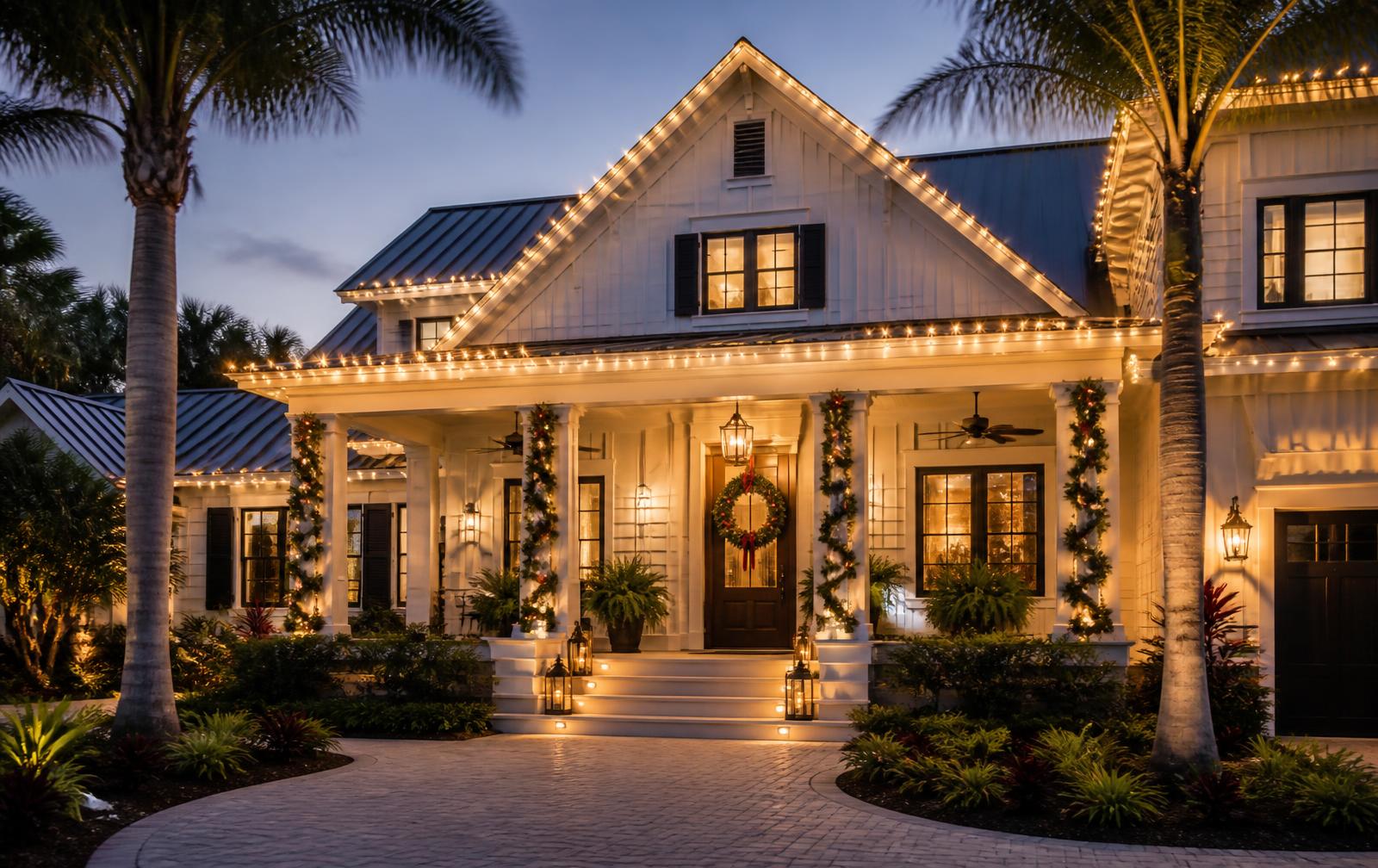 Rental home exterior with warm white roofline lighting and a lit porch
