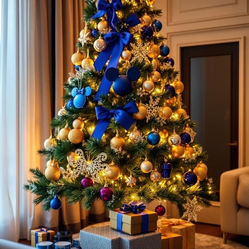 Disney-themed Christmas tree with royal blue and gold ornaments in a living room