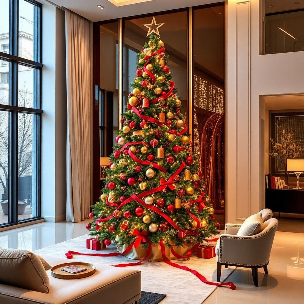 Elegant red and gold Christmas tree in a luxury living room