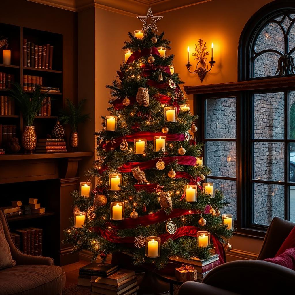 Harry Potter Hogwarts-themed Christmas tree with candles, books and owls