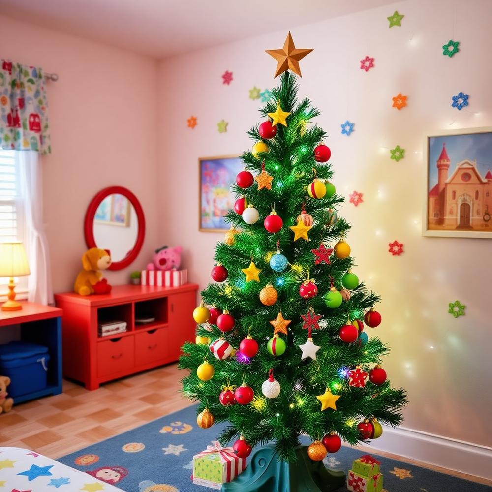 Colourful character-themed Christmas tree in a children's bedroom