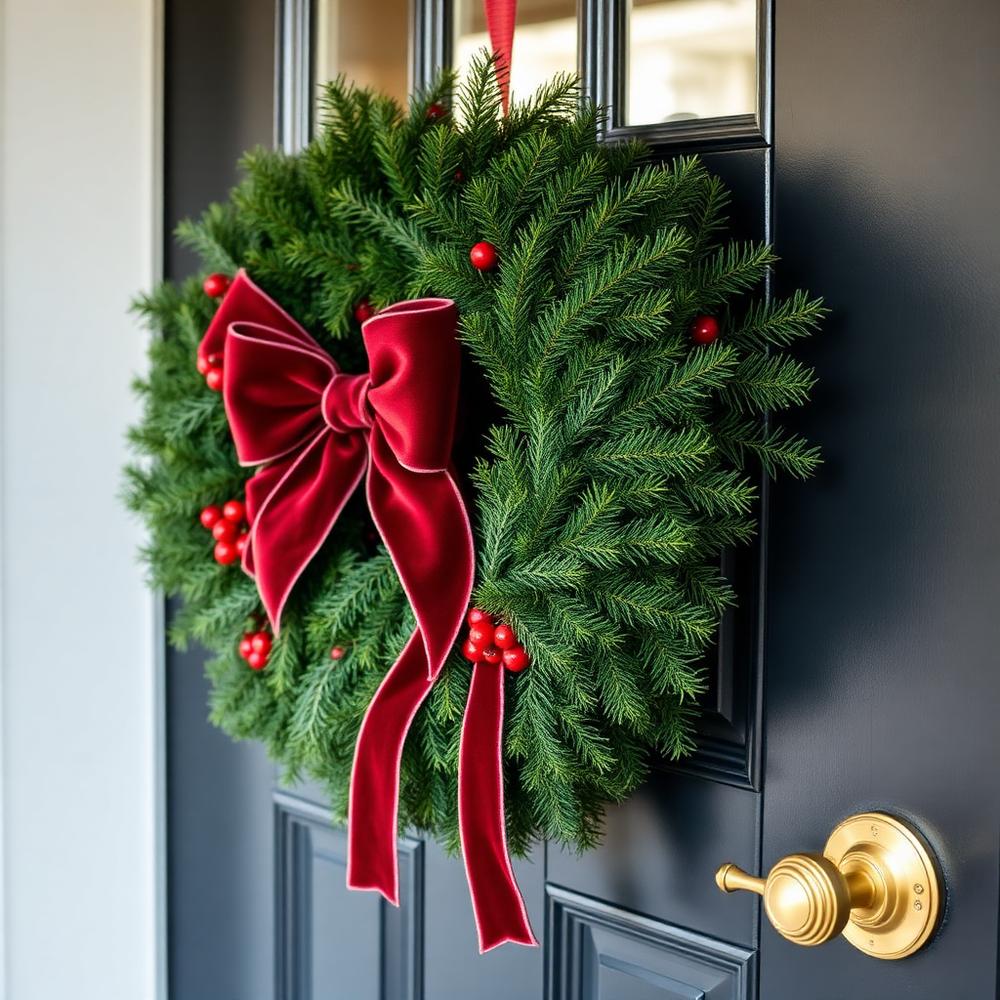 Evergreen door wreath with red velvet ribbon on a dark front door